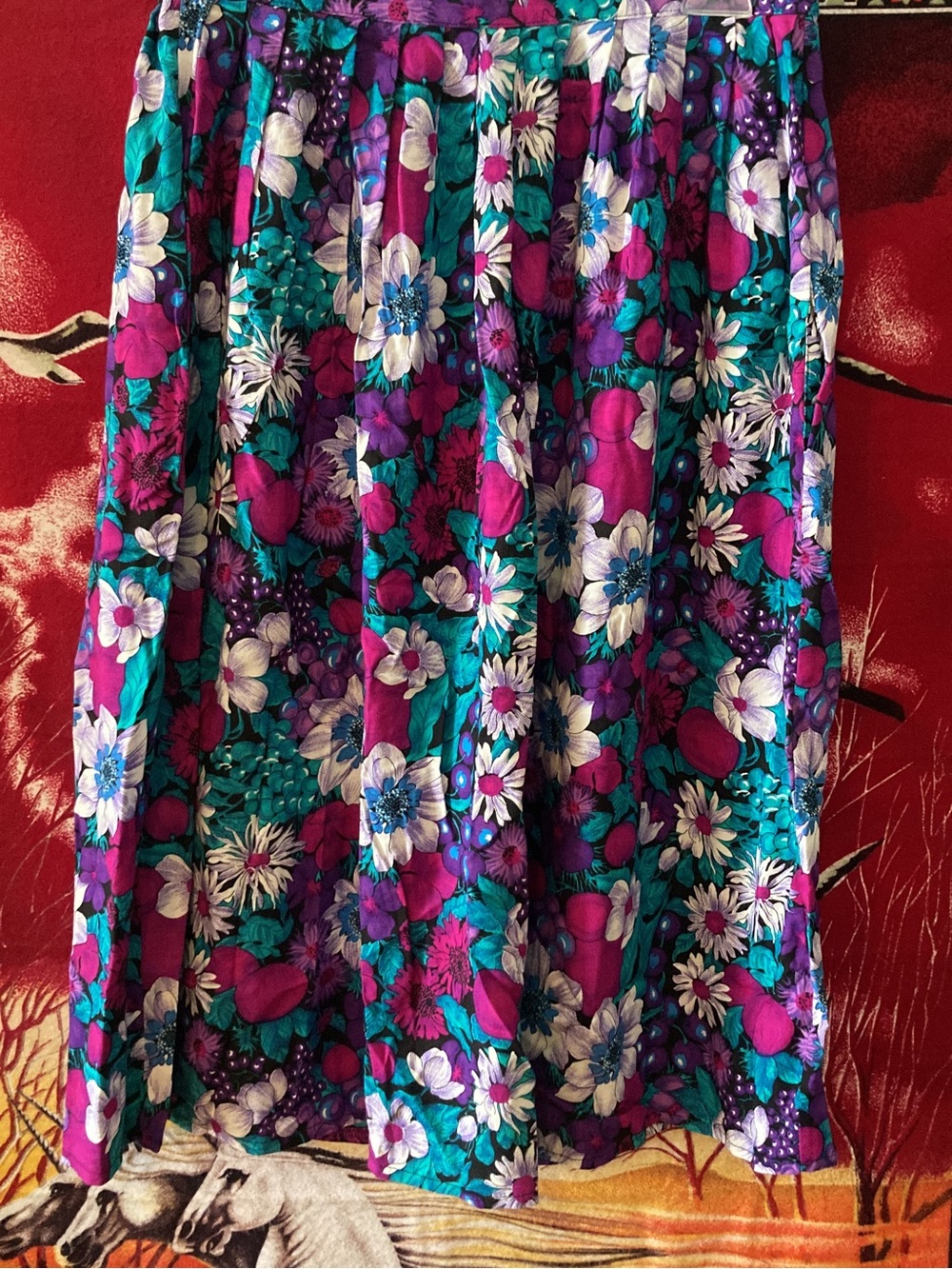 Vintage Kings Road of London 80s Bold Floral Fruit Print Pleated Midi Skirt